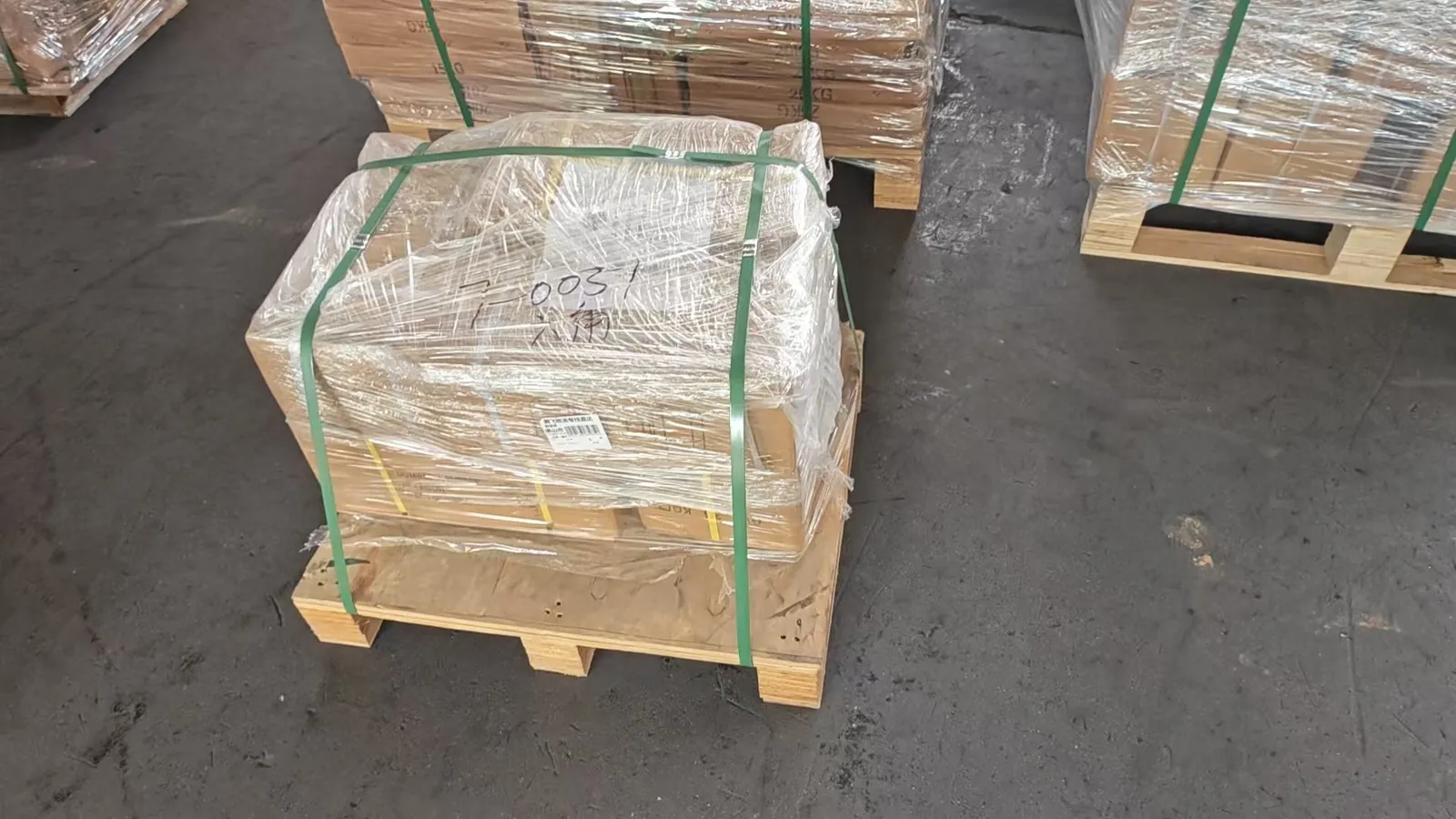 Palletised fitness equipment prepared for shipment